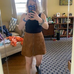Brown fuzzy zip front skirt